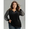 Bloomchic Velvet Patchwork Mesh Sequin Notched T-shirt In Black