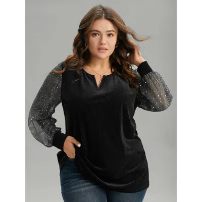 Bloomchic Velvet Patchwork Mesh Sequin Notched T-shirt In Black
