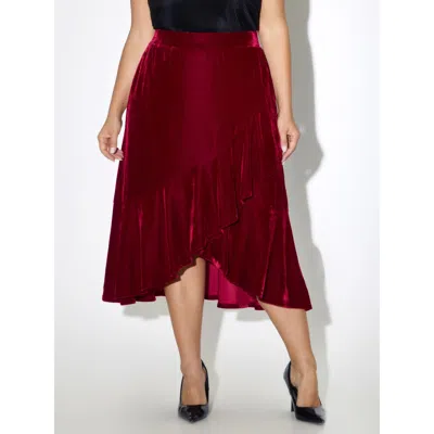 Bloomchic Velvet Ruffle Irregular Hem Midi Skirt In Red