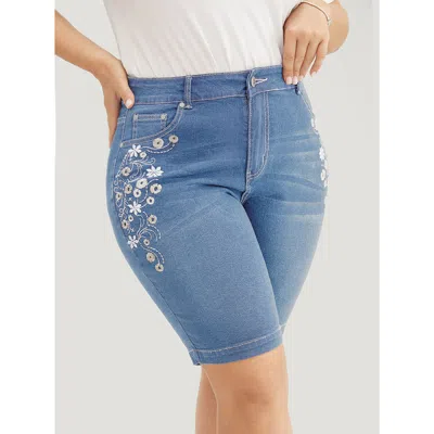 Bloomchic Very Stretchy High Rise Dark Wash Floral Embroidered Denim Shorts In Animal Print