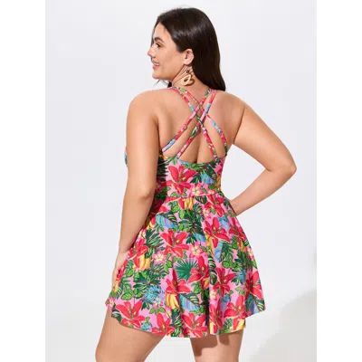 Bloomchic Vibrant Floral Print Crossover Straps Swim Dress In Pink