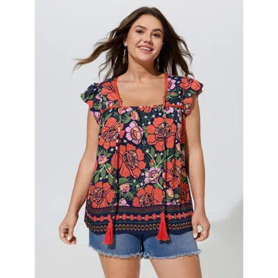 Bloomchic Vibrant Floral Print Flutter Sleeve Blouse In Orange
