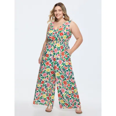 Bloomchic Vibrant Floral Print Shirred Waist Jumpsuit In Multi