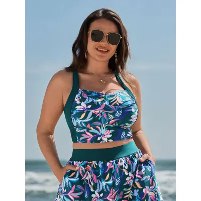Bloomchic Vibrant Floral Print Twist Front Swim Top In Multi