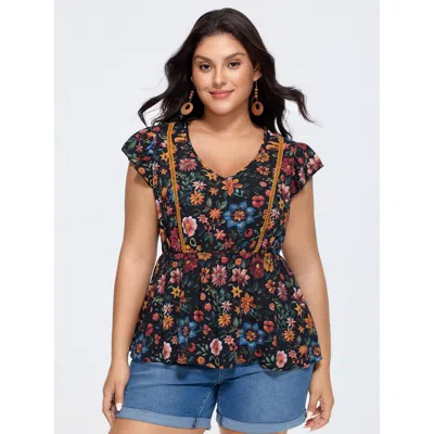 Bloomchic Vibrant Floral Print V-neck Blouse In Blue