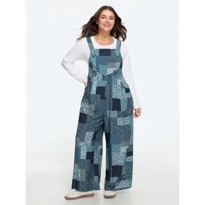 Bloomchic Vintage Boho Collage Overall Straps Jumpsuit In Multi