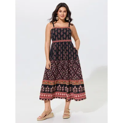 Bloomchic Vintage Paisley Print Shirred Midi Dress In Tan