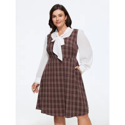 Bloomchic Vintage Plaid Bow Tie Neck Patchwork Mini Dress In Burgundy