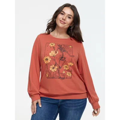 Bloomchic Vintage Skull Sunflower Print Crew Neck Sweatshirt In Pumpkin