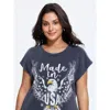 Bloomchic Vintage Washed Eagle Print Cap Sleeve T-shirt In Blue
