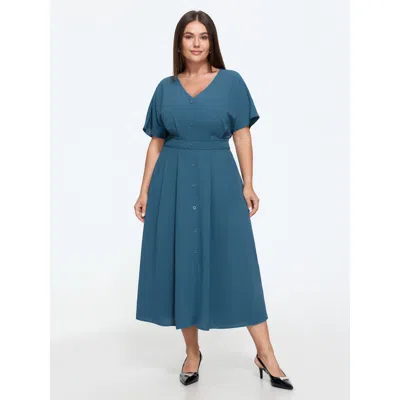 Bloomchic V‑neck Button Front Pleated Midi Dress In Aegean