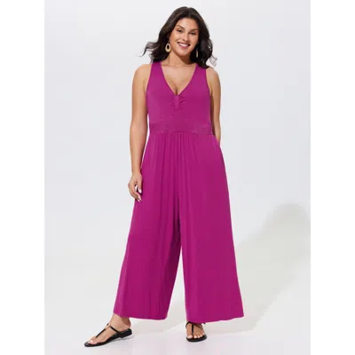 Bloomchic V‑neck Front Ruched Lace Waist Sleeveless Jumpsuit In Purple