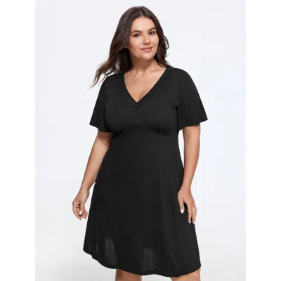 Bloomchic V-neck Lace Trim Nightgown In Black