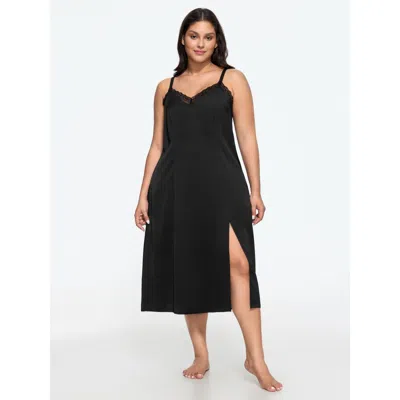 Bloomchic V‑neck Lace Trim Side Slit Nightgown In Black