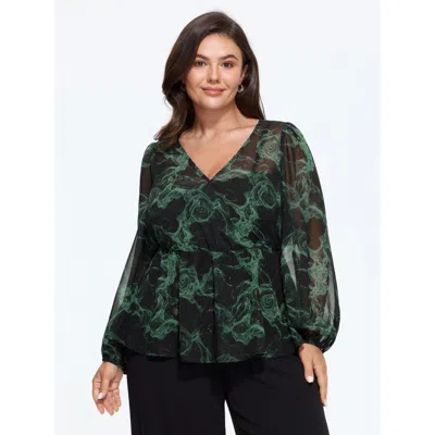Bloomchic V‑neck Swirl Print Sheer Blouse In Black