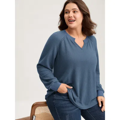 Bloomchic Waffle Grid Notched Collar Lace Sweatshirt In Blue