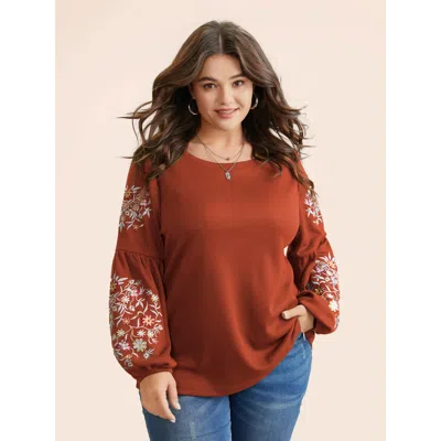 Bloomchic Waffle Knit Floral Embroidered Lantern Sleeve T-shirt In Brown