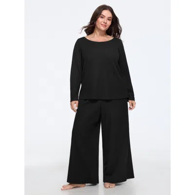 Bloomchic Waffle Knit Long Sleeve Loungewear Set In Black
