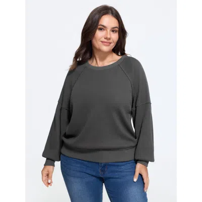 Bloomchic Waffle Knit Raglan Lantern Sleeve Crew Neck Sweatshirt In Dimgray