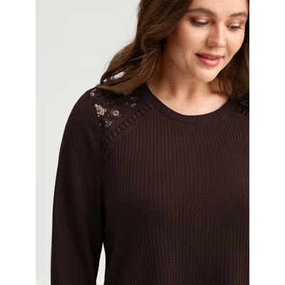 Bloomchic Waffle Spliced Floral Lace Sweatshirt In Brown