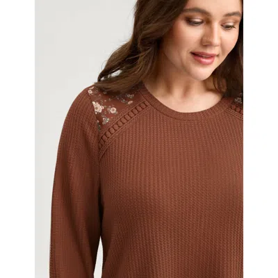 Bloomchic Waffle Spliced Floral Lace Sweatshirt In Brown