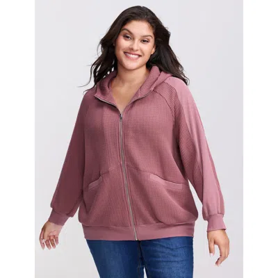 Bloomchic Waffle Weave Blend Pockets Zipper Hoodie In Pink