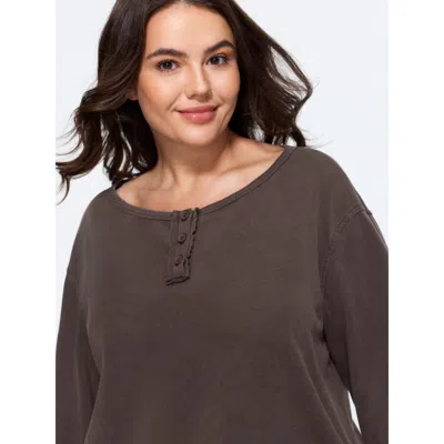 Bloomchic Washed Long Sleeve Curved Hem Sweatshirt In Brown