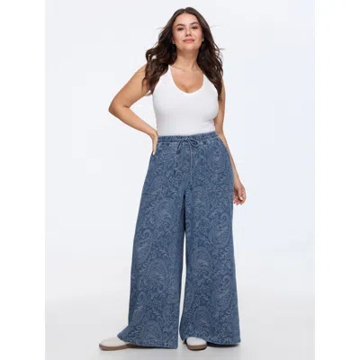 Bloomchic Washed Paisley Print Drawstring Wide Leg Jeans In Denimlightblue