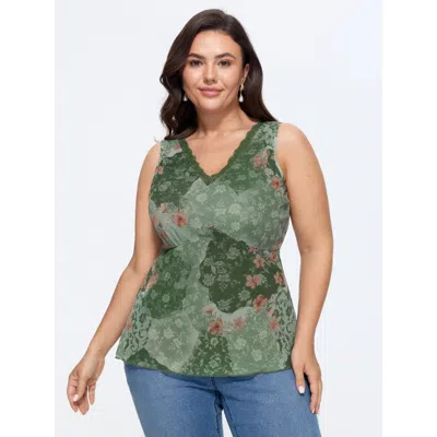 Bloomchic Watercolor Floral Lace V Neck Sleeveless Tank Top In Greenbean