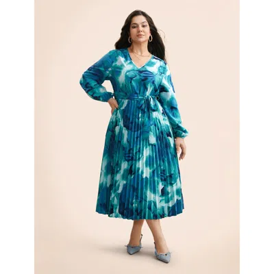 Bloomchic Watercolor Floral Pleated Belted Dress In Green