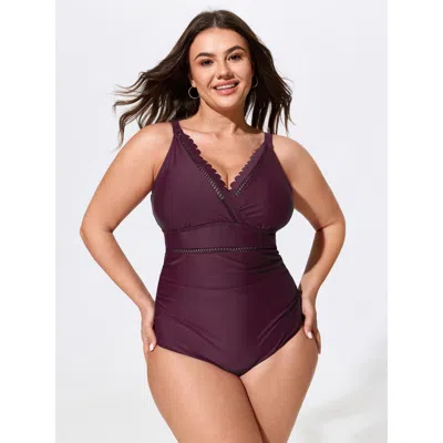 Bloomchic Wave Lace Trim Waist Ruched One Piece Swimsuit In Purple