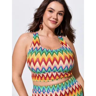 Bloomchic Wavy Colorful Textured Triple Strap Swim Top In Multi