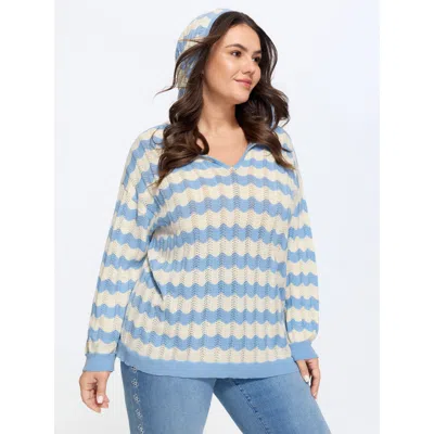 Bloomchic Wavy Stripe Hollow Hooded Pullover In Blue