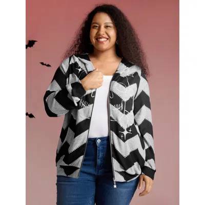 Bloomchic Wavy Stripe Skull Embroidery Zipper Hoodie