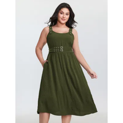 Bloomchic Wide Straps Belted Buckle Detail Midi Dress In Green