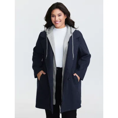 Bloomchic Women's Plus Size 2 In 1 Double Breasted Hooded Coat Midnight Colorblock Straight Fit 10/m In Blue