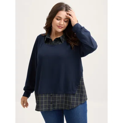 Bloomchic Women's Plus Size 2-in-1 A-line Plaid Sweater Shirt Top Darkblue Casual 12/l In Blue
