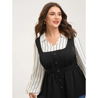 Bloomchic Women's Plus Size 2-in-1 Button Vest Striped Blouse Black Stripes Office Long Sleeve Collared Neck 1