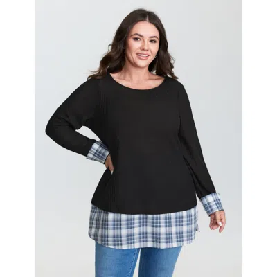 Bloomchic Women's Plus Size 2-in-1 Checkered T-shirt Black Color Block Casual Long Sleeve Round Neck 10/m