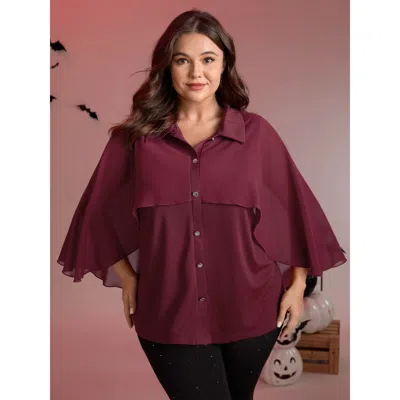 Bloomchic Women's Plus Size 2-in-1 Chiffon Shawl Layered Blouse Burgundy Non Elegant 3/4 Sleeve 12/l