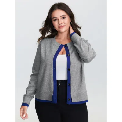 Bloomchic Women's Plus Size 2-in-1 Color Contrast Ribbed Hem Knit Cardigan Mediumgray Long Sleeve Round Neck 1