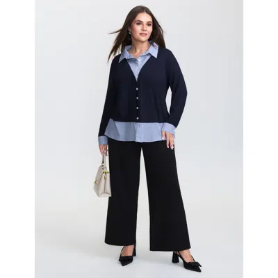 Bloomchic Women's Plus Size 2-in-1 Color Contrast Woven T-shirt Indigo Stripes Office Long Sleeve Collared Nec In Purple
