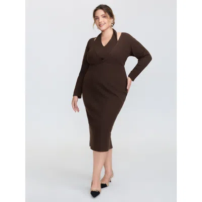 Bloomchic Women's Plus Size 2-in-1 Cozy Figure-hugging Midi Dress Darkbrown Non Midi Elegant 22-24/3x In Brown