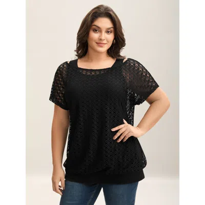Bloomchic Women's Plus Size 2-in-1 Cut-out Plain Knit Top Black Short Sleeve Elegant 12/l
