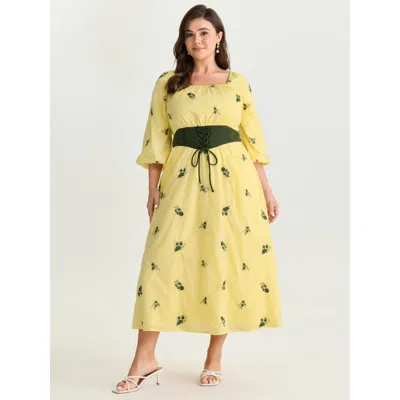 Bloomchic Women's Plus Size 2-in-1 Embroidered Tulle Maxi Dress Lightyellow Ditsy Floral Midi Elegant Non 12/l