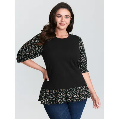 Bloomchic Women's Plus Size 2-in-1 Floral Print Knit Top Black 3/4 Sleeve Elegant Round Neck 10/m