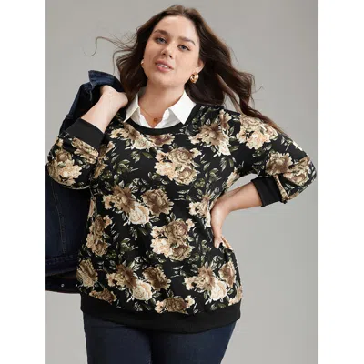 Bloomchic Women's Plus Size 2-in-1 Floral Print Shirt Collar Sweatshirt Blackflower Floral Dailywear 12/l