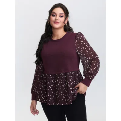 Bloomchic Women's Plus Size 2-in-1 Floral Ribbed Knit Top Burgundy Extra Long Sleeve Elegant 30/6x