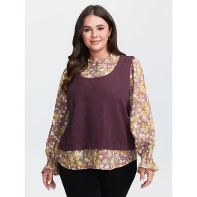 Bloomchic Women's Plus Size 2-in-1 Floral Textured Knit Top Redviolet Long Sleeve Elegant 12/l