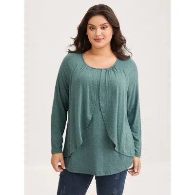 Bloomchic Women's Plus Size 2-in-1 Gathered Ruffle Trim T-shirt Teal Non Elegant Extra Long Sleeve 10/m In Blue